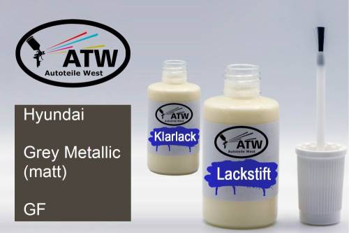 Hyundai, Grey Metallic (matt), GF: 20ml Lackstift + 20ml Klarlack - Set, von ATW Autoteile West.